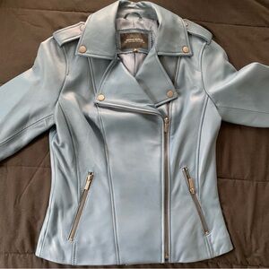 Neiman Marcus The Leather Collection Blue Leather Jacket XS worn once like New